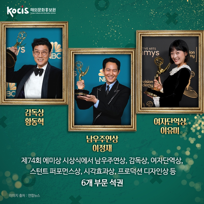 감독상 황동혁 남우주연상 이정재 여자단역상 이유미 제74회 에미상 시상식에서 남우주연상, 감독상, 여자단역상, 스턴트 퍼포먼스상, 시각효과상, 프로덕션 디자인상 등 6개 부문 석권