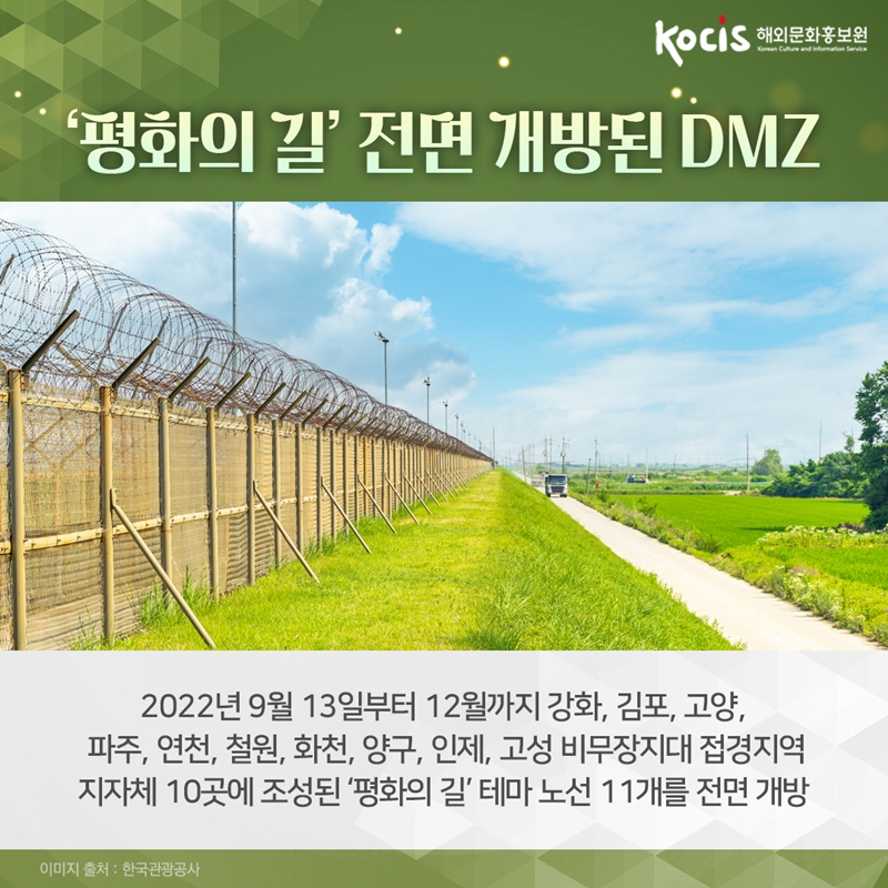 ‘평화의 길’ 전면 개방된 DMZ       2022년 9월 13일부터 12월까지 강화, 김포, 고양, 파주, 연천, 철원, 화천, 양구, 인제, 고성 비무장지대 접경지역 지자체 10곳에 조성된 ‘평화의 길’ 테마 노선 11개를 전면 개방  이미지 출처 : 한국관광공사 