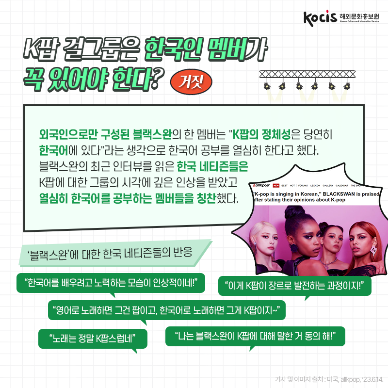 [카드뉴스4/10]K팝 걸그룹은 한국인 멤버가 꼭 있어야 한다? 거짓! 외국인으로만 구성된 블랙스완의 한 멤버는  "K팝의 정체성은 당연히 한국어에 있다"라는 생각으로  한국어 공부를 열심히 한다고 했다.  블랙스완의 최근 인터뷰를 읽은 한국 네티즌들은 K팝에 대한 그룹의 시각에 깊은 인상을 받았고 열심히 한국어를 공부하는 멤버들을 칭찬했다.  ‘블랙스완’에 대한 한국 네티즌들의 반응 “한국어를 배우려고 노력하는 모습이 인상적이네!” “이게 K팝이 장르로 발전하는 과정이지!” “영어로 노래하면 그건 팝이고, 한국어로 노래하면 그게 K팝이지~” “노래는 정말 K팝스럽네” “나는 블랙스완이 K팝에 대해 말한 거 동의 해!” - 미국, allkpop, ’23.6.14.