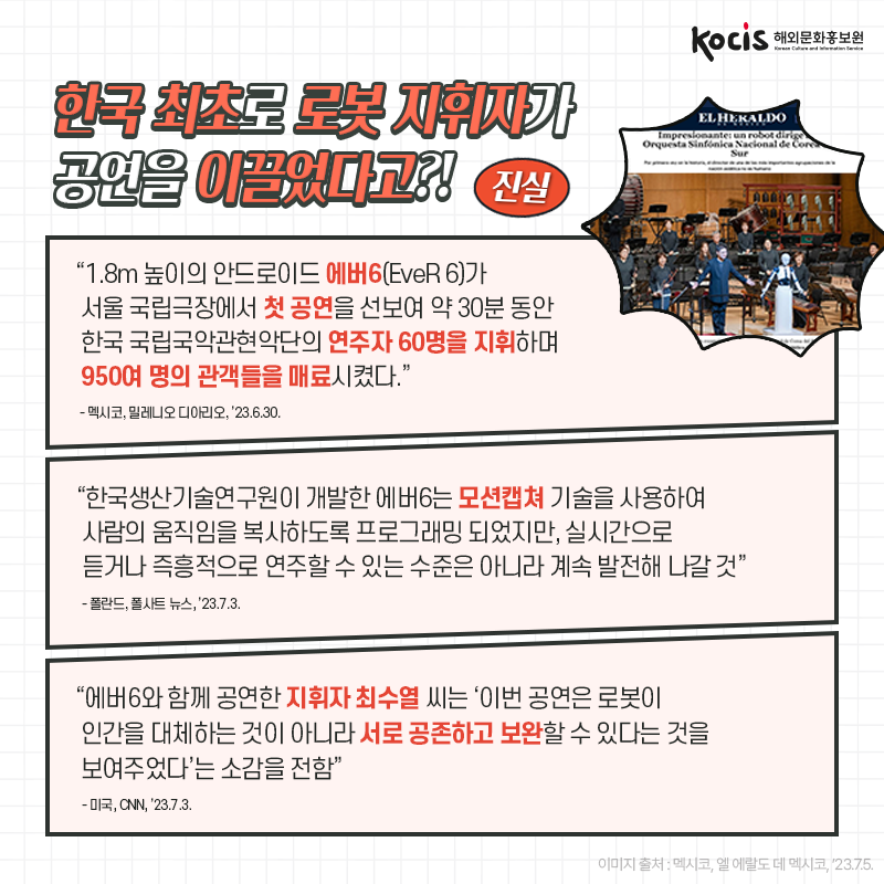 [카드뉴스8/10]한국 최초로 로봇 지휘자가 공연을 이끌었다고?! 진실! “1.8m 높이의 안드로이드 에버6(EveR 6)가  서울 국립극장에서 첫 공연을 선보여 약 30분 동안  한국 국립국악관현악단의 연주자 60명을 지휘하며  950여 명의 관객들을 매료시켰다.” - 멕시코, 밀레니오 디아리오, ’23.6.30.  “한국생산기술연구원이 개발한 에버6는 모션캡쳐 기술을 사용하여  사람의 움직임을 복사하도록 프로그래밍 되었지만, 실시간으로  듣거나 즉흥적으로 연주할 수 있는 수준은 아니라 계속 발전해 나갈 것” - 폴란드, 폴사트 뉴스, ’23.7.3.  “에버6와 함께 공연한 지휘자 최수열 씨는  ‘이번 공연은 로봇이 인간을 대체하는 것이 아니라  서로 공존하고 보완할 수 있다는 것을 보여주었다’는 소감을 전함” - 미국, CNN, ’23.7.3.
