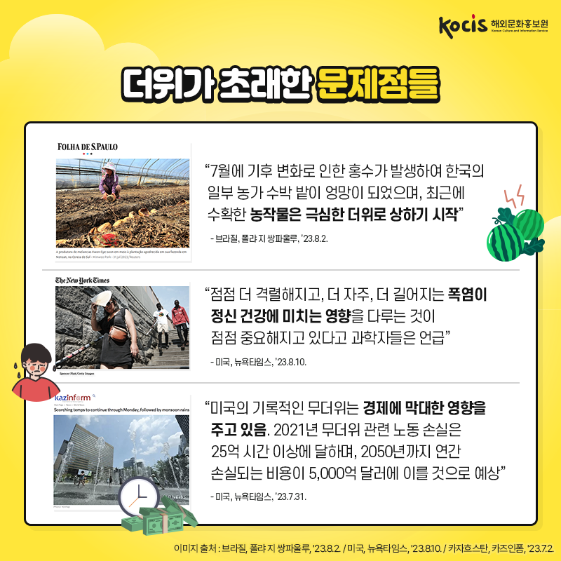 더위가 초래한 문제점들 “7월에 기후 변화로 인한 홍수가 발생하여 한국의 일부 농가 수박 밭이 엉망이 되었으며, 최근에 수확한 농작물은 극심한 더위로 상하기 시작” - 브라질, 폴랴 지 쌍파울루, ’23.8.2.  “점점 더 격렬해지고, 더 자주, 더 길어지는  폭염이 정신 건강에 미치는 영향을 다루는 것이 점점 중요해지고 있다고 과학자들은 언급” - 미국, 뉴욕타임스, ’23.8.10.  “미국의 기록적인 무더위는 경제에 막대한 영향을 주고 있음.  2021년 무더위 관련 노동 손실은 25억 시간 이상에 달하며, 2050년까지 연간 손실되는 비용이 5,000억 달러에 이를 것으로 예상” - 미국, 뉴욕타임스, ’23.7.31.