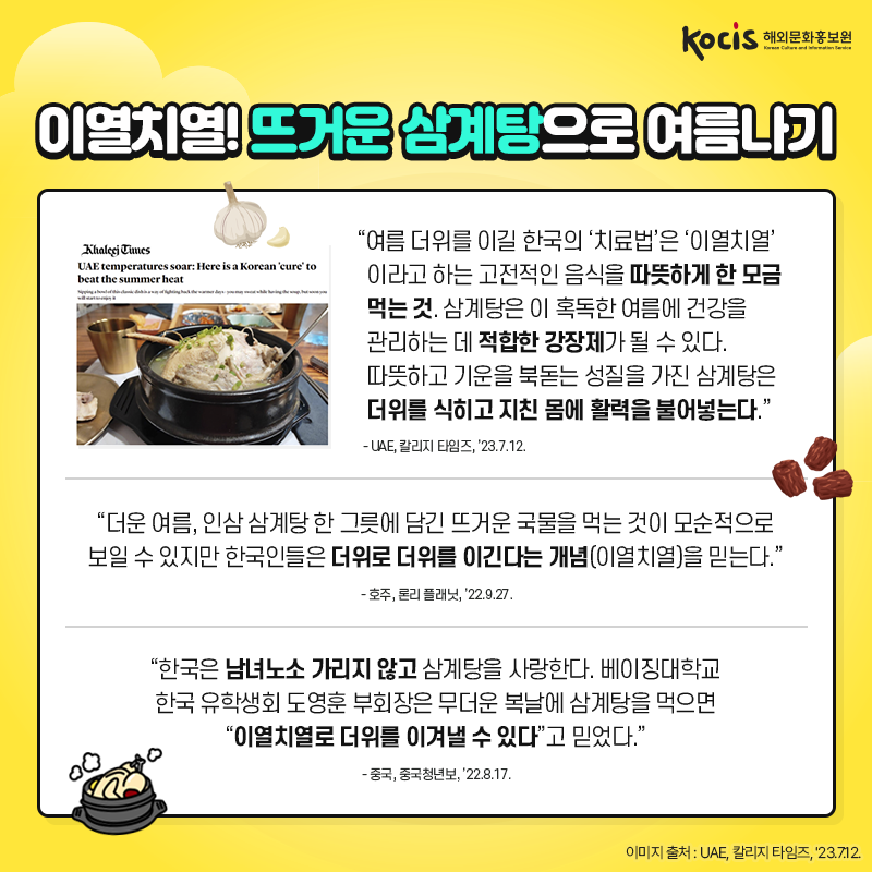 이열치열! 뜨거운 삼계탕으로 여름나기 “여름 더위를 이길 한국의 ‘치료법’은  ‘이열치열’이라고 하는  고전적인 음식을 따뜻하게 한 모금 먹는 것.  삼계탕은 이 혹독한 여름에 건강을 관리하는 데 적합한 강장제가 될 수 있다. 따뜻하고 기운을 북돋는 성질을 가진 삼계탕은 더위를 식히고 지친 몸에 활력을 불어넣는다.” - UAE, 칼리지 타임즈, ’23.7.12.  “더운 여름, 인삼 삼계탕 한 그릇에 담긴  뜨거운 국물을 먹는 것이  모순적으로 보일 수 있지만 한국인들은  더위로 더위를 이긴다는 개념(이열치열)을 믿는다.” - 호주, 론리 플래닛, ’22.9.27.  “한국은 남녀노소 가리지 않고 삼계탕을 사랑한다.  베이징대학교 한국 유학생회 도영훈 부회장은  무더운 복날에 삼계탕을 먹으면 “이열치열로 더위를 이겨낼 수 있다”고 믿었다.” - 중국, 중국청년보, ’22.8.17.