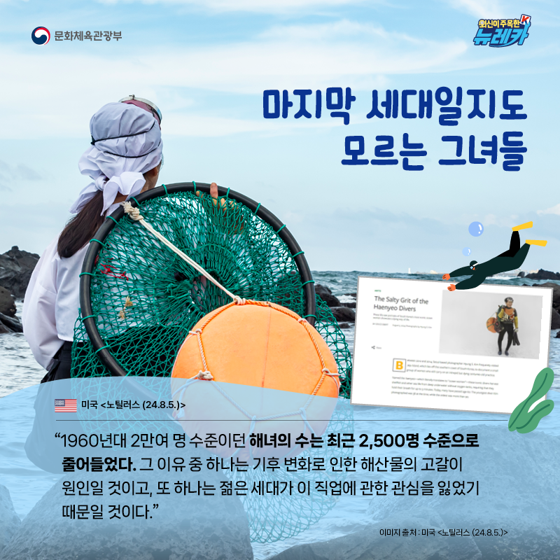 마지막 세대일지도 모르는 그녀들  “1960년대 2만여 명 수준이던 해녀의 수는 최근 2,500명 수준으로 줄어들었다. 그 이유 중 하나는 기후 변화로 인한 해산물의 고갈이 원인일 것이고, 또 하나는 젊은 세대가 이 직업에 관한 관심을 잃었기 때문일 것이다.” -미국 [노틸러스 (24.8.5.)]