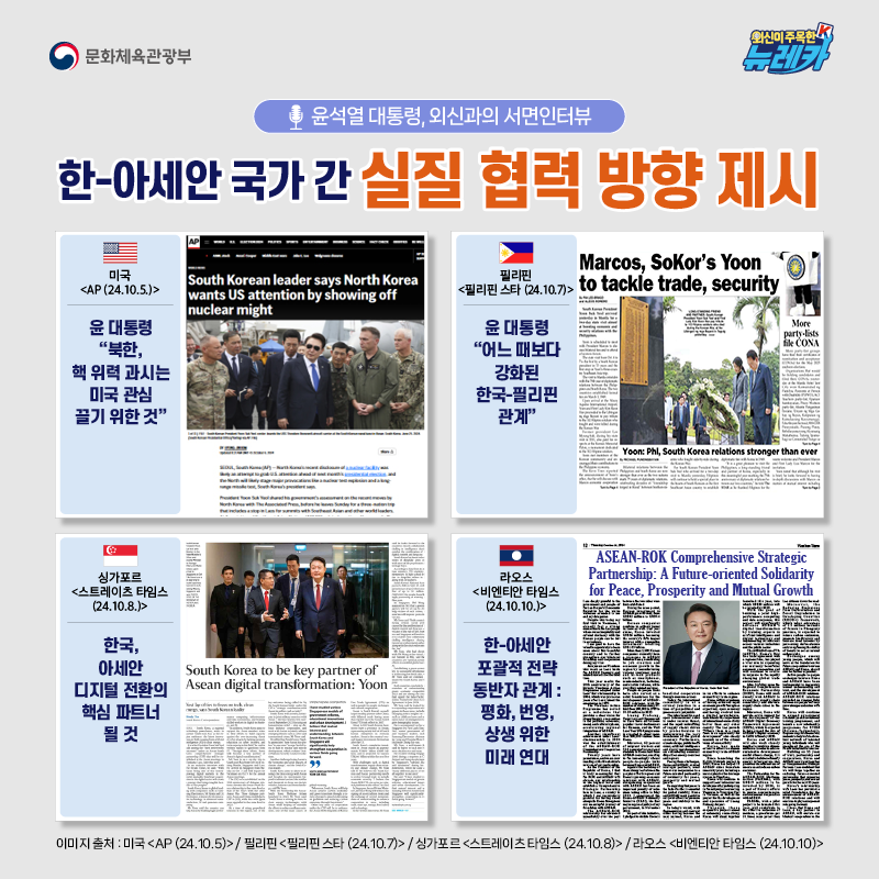 [윤석열 대통령, 외신과의 서면인터뷰] 한-아세안 국가 간 실질 협력 방향 제시  윤 대통령 “북한, 핵 위력 과시는 미국 관심 끌기 위한 것” -미국 [AP (24.10.5.)]  윤 대통령 “어느 때보다 강화된 한국-필리핀 관계” -필리핀 [필리핀 스타 (24.10.7)]  한국, 아세안 디지털 전환의 핵심 파트너 될 것 -싱가포르 [스트레이츠 타임스(24.10.8.)]  한-아세안 포괄적 전략 동반자 관계 : 평화, 번영, 상생 위한 미래 연대 -라오스 [비엔티안 타임스(24.10.10.)]