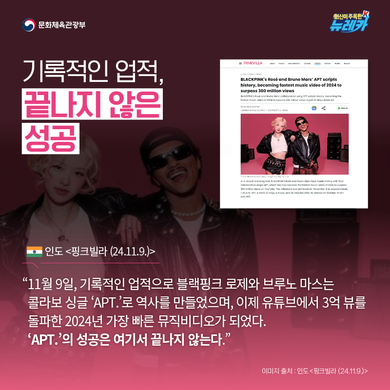 기록적인 업적, 끝나지 않은 성공  “11월 9일, 기록적인 업적으로 블랙핑크 로제와 브루노 마스는 콜라보 싱글 ‘APT.’로 역사를 만들었으며, 이제 유튜브에서 3억 뷰를 돌파한 2024년 가장 빠른 뮤직비디오가 되었다. ‘APT.’의 성공은 여기서 끝나지 않는다.” -인도 [핑크빌라 (24.11.9.)]