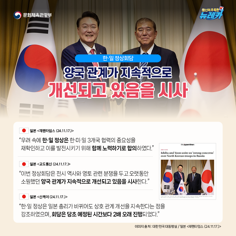 [한·일 정상회담] 양국 관계가 지속적으로 개선되고 있음을 시사  “우려 속에 한·일 정상은 한·미·일 3개국 협력의 중요성을 재확인하고 이를 발전시키기 위해 함께 노력하기로 합의하였다.” -일본 [재팬타임스 (24.11.17.)]  “이번 정상회담은 전시 역사와 영토 관련 분쟁을 두고 오랫동안 소원했던 양국 관계가 지속적으로 개선되고 있음을 시사한다.” -일본 [교도통신 (24.11.17.)]  “한·일 정상은 일본 총리가 바뀌어도 상호 관계 개선을 지속한다는 점을 강조하였으며, 회담은 당초 예정된 시간보다 2배 오래 진행되었다.” -일본 [산케이 (24.11.17.)]