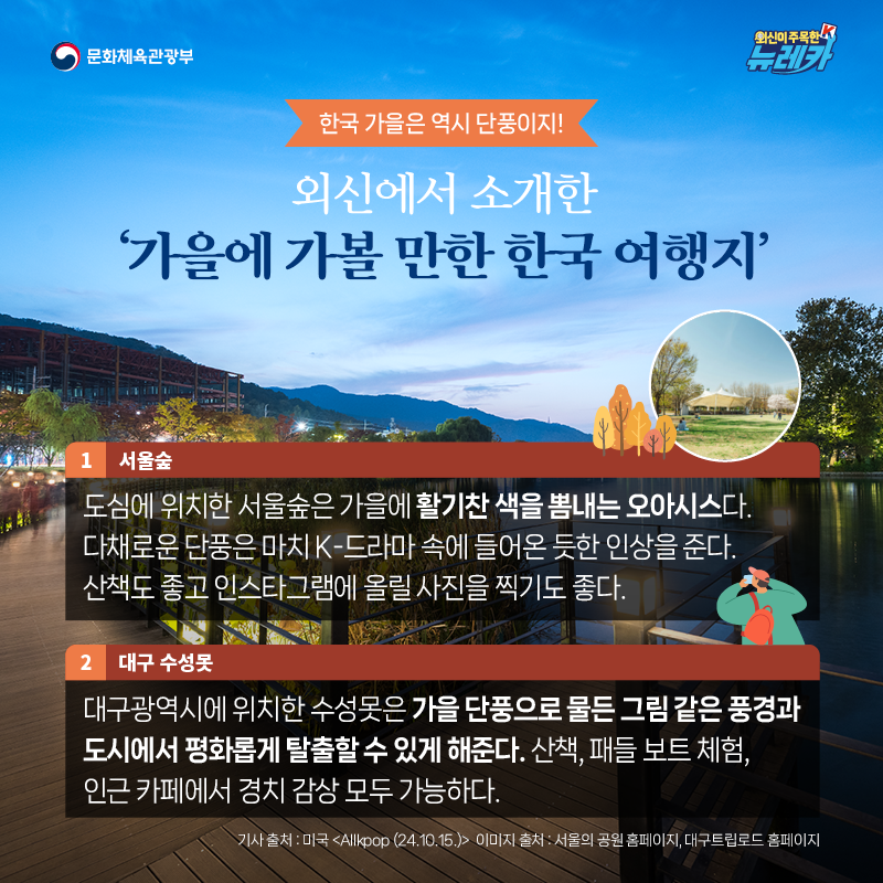 [한국 가을은 역시 단풍이지!] 외신에서 소개한 ‘가을에 가볼 만한 한국 여행지’ -미국 [Allkpop (24.10.15.)]  1. 서울숲 도심에 위치한 서울숲은 가을에 활기찬 색을 뽐내는 오아시스다. 다채로운 단풍은 마치 K-드라마 속에 들어온 듯한 인상을 준다. 산책도 좋고 인스타그램에 올릴 사진을 찍기도 좋다.  2. 대구 수성못 대구광역시에 위치한 수성못은 가을 단풍으로 물든 그림 같은 풍경과 도시에서 평화롭게 탈출할 수 있게 해준다. 산책, 패들 보트 체험, 인근 카페에서 경치 감상 모두 가능하다.