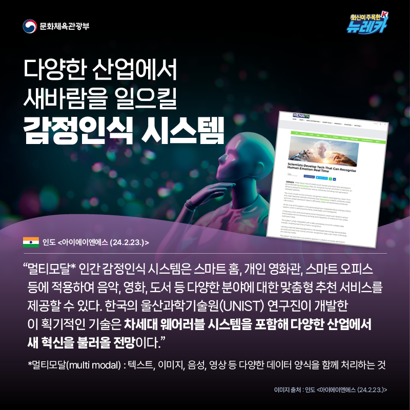 다양한 산업에서 새바람을 일으킬 감정인식 시스템  “멀티모달* 인간 감정인식 시스템은 스마트 홈, 개인 영화관, 스마트 오피스 등에 적용하여 음악, 영화, 도서 등 다양한 분야에 대한 맞춤형 추천 서비스를 제공할 수 있다. 한국의 울산과학기술원(UNIST) 연구진이 개발한 이 획기적인 기술은 차세대 웨어러블 시스템을 포함해 다양한 산업에서 새 혁신을 불러올 전망이다.” -인도 [아이에이엔에스 (24.2.23.)]  *멀티모달(multi modal) : 텍스트, 이미지, 음성, 영상 등 다양한 데이터 양식을 함께 처리하는 것