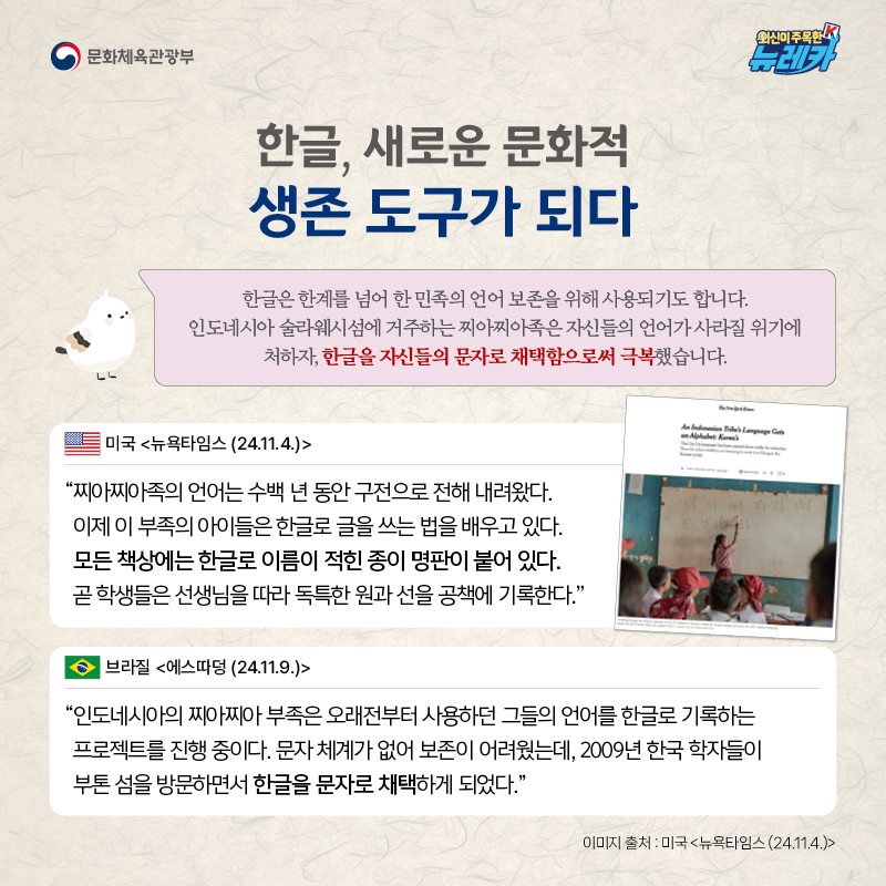 한글, 새로운 문화적 생존 도구가 되다  한글은 한계를 넘어 한 민족의 언어 보존을 위해 사용되기도 합니다. 인도네시아 술라웨시섬에 거주하는 찌아찌아족은 자신들의 언어가 사라질 위기에 처하자, 한글을 자신들의 문자로 채택함으로써 극복했습니다.  “찌아찌아족의 언어는 수백 년 동안 구전으로 전해 내려왔다. 이제 이 부족의 아이들은 한글로 글을 쓰는 법을 배우고 있다. 모든 책상에는 한글로 이름이 적힌 종이 명판이 붙어 있다. 곧 학생들은 선생님을 따라 독특한 원과 선을 공책에 기록한다.” -미국 [뉴욕타임스 (24.11.4.)]  “인도네시아의 찌아찌아 부족은 오래전부터 사용하던 그들의 언어를 한글로 기록하는 프로젝트를 진행 중이다. 문자 체계가 없어 보존이 어려웠는데, 2009년 한국 학자들이 부톤 섬을 방문하면서 한글을 문자로 채택하게 되었다.” -브라질 [에스따덩 (24.11.9.)]