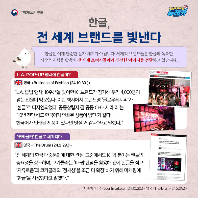 한글, 전 세계 브랜드를 빛낸다  [L.A. POP-UP 행사에 한글이?] “L.A. 팝업 행사, 10주년을 맞이한 K-브랜드가 참가해 무려 4,000명이 넘는 인원이 방문했다. 이번 행사에서 브랜드명 ‘글로우레시피’가 ‘한글’로 디자인되었다. 공동창립자 겸 공동 CEO ‘사라 리’는 “10년 전만 해도 한국어가 인쇄된 상품이 없던 거 같다. 한국어가 인쇄된 제품이 있다면 멋질 거 같다”라고 말했다.” -영국 [Business of Fashion (24.10.30.)]  [‘코카콜라’ 한글로 새겨지다] “전 세계의 한국 대중문화에 대한 관심, 그중에서도 K-팝 분야는 팬들의 중요성을 강조하며, 코카콜라는 ‘K-팝 팬덤을 활용해 캔에 한글을 적고 ‘자유로움’과 코카콜라의 ‘정체성’을 조금 더 확장’ 하기 위해 마케팅에 ‘한글’을 사용했다고 말했다.” -영국 [The Drum (24.2.29.)]