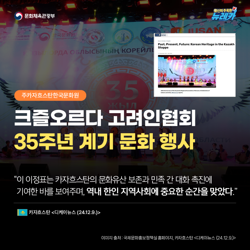 [주카자흐스탄한국문화원] 크즐오르다 고려인협회 35주년 계기 문화 행사  “이 이정표는 카자흐스탄의 문화유산 보존과 민족 간 대화 촉진에 기여한 바를 보여주며, 역내 한인 지역사회에 중요한 순간을 맞았다.” -카자흐스탄 [디케이뉴스 (24.12.9.)]