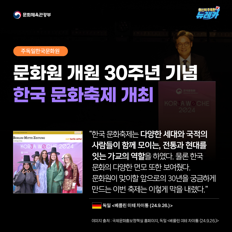 [주독일한국문화원] 문화원 개원 30주년 기념 한국 문화축제 개최  “한국 문화축제는 다양한 세대와 국적의 사람들이 함께 모이는, 전통과 현대를 잇는 가교의 역할을 하였다. 물론 한국 문화의 다양한 면모 또한 보여줬다. 문화원이 맞이할 앞으로의 30년을 궁금하게 만드는 이번 축제는 이렇게 막을 내렸다.” -독일 [베를린 미테 차이퉁 (24.9.26.)]